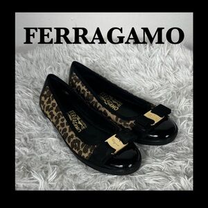 Salvatore Ferragamo Black and Brown Animal Print Flats